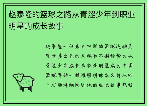 赵泰隆的篮球之路从青涩少年到职业明星的成长故事